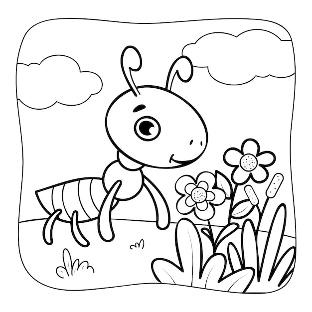 Hormiga en blanco y negro Libro para colorear o Página para colorear para niños Fondo de la naturaleza