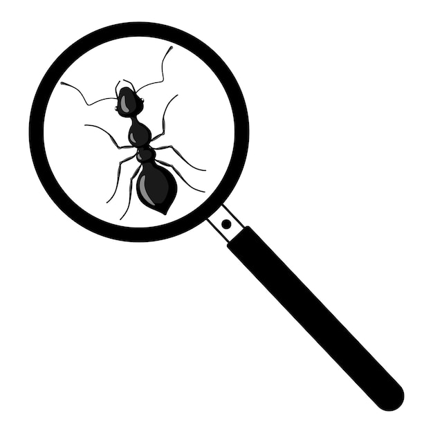 Una hormiga bajo una lupa aislada sobre fondo blanco. Icono de ver un insecto para el libro de niños.