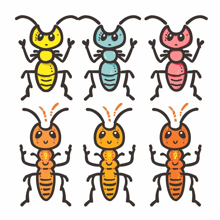 Vector las hormigas de dibujos animados de colores ilustraron varios patrones expresiones seis hormigas mostraron dos filas