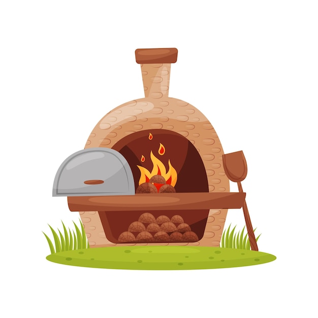 Vector horno al aire libre de leña en césped verde horno de piedra tradicional con leña ardiente paleta de madera tema de la granja diseño vectorial de dibujos animados ilustración plana colorida aislada sobre fondo blanco