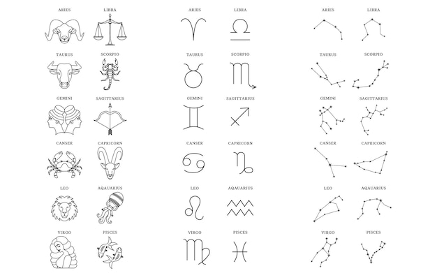 Vector horóscopo de astrología del zodiaco conjunto de signos y constelaciones del horóscopo místico celestial