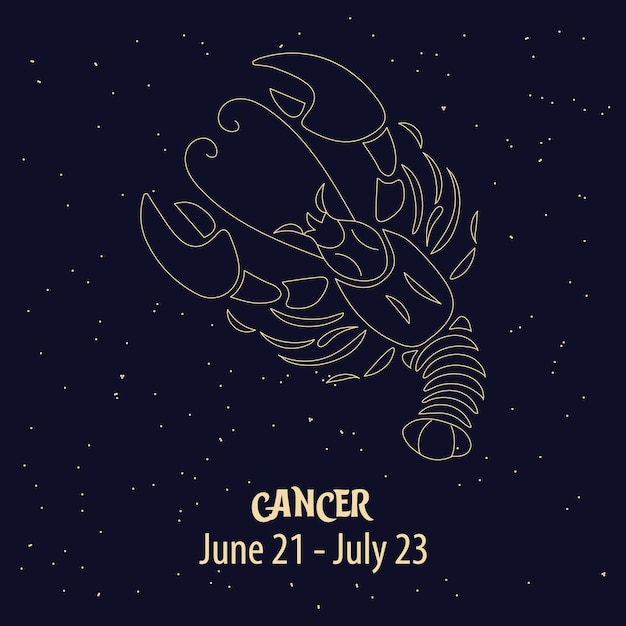 Horóscopo, signo del zodiaco Cáncer, diseño dorado sobre un fondo estrellado azul. Ilustración, vector