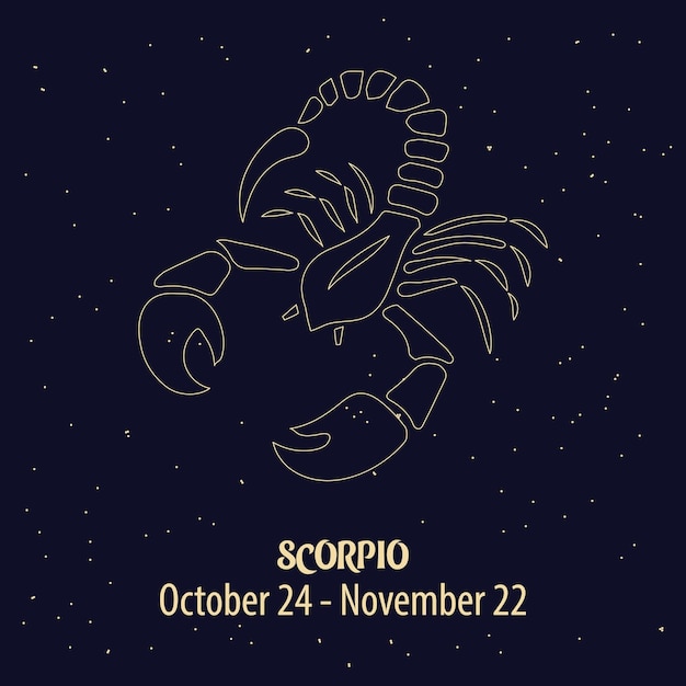 Horóscopo, signo del zodiaco Escorpio, diseño dorado sobre un fondo estrellado azul. Ilustración, vector