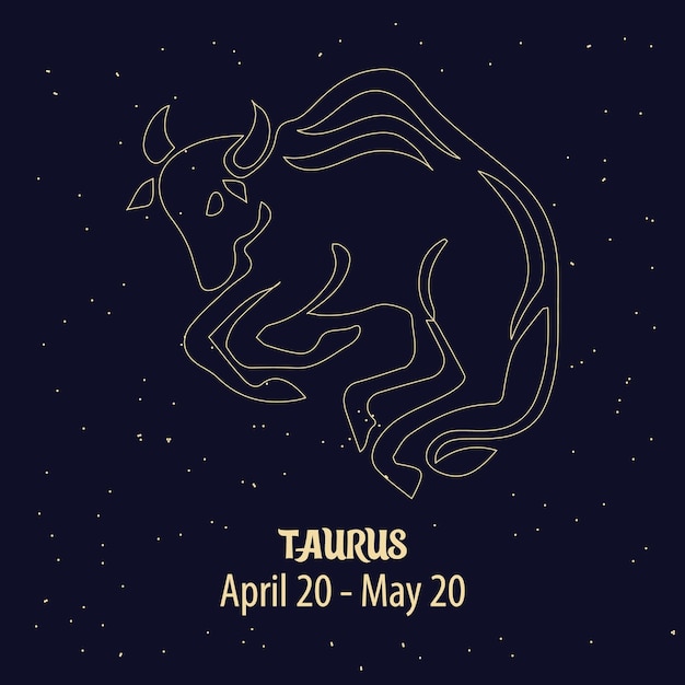 Vector horóscopo, signo del zodiaco tauro, diseño dorado sobre un fondo estrellado azul. ilustración, vector