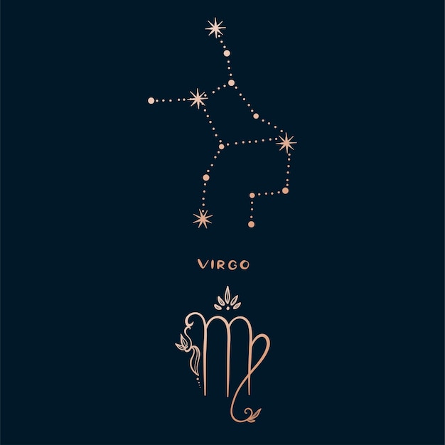 Vector horóscopo signo del zodiaco virgo en estilo de constelación con línea y estrellas sobre fondo oscuro colección de símbolos del zodiaco conjunto de constelaciones de estrellas