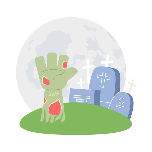 Horror de zombies en el cementerio de luna llena concepto plano ilustración de punto vectorial lápidas mano de zombies escena de dibujos animados 2d en blanco para diseño de interfaz de usuario web cementerio espeluznante aislado imagen de héroe creativo editable