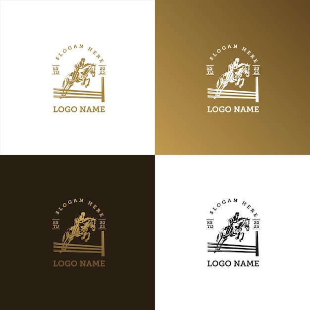 Horse rider jumping logo estilo retro elegante para la empresa de marca o su producto con oro brillante