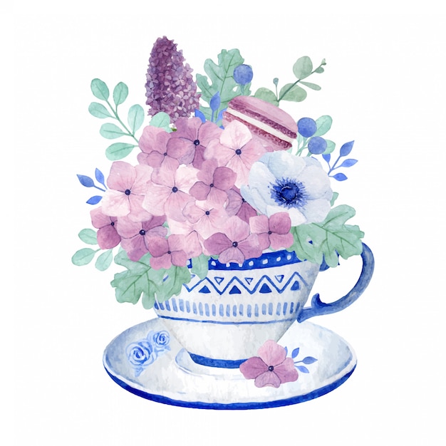 Hortensia encantadora, anémona lila y macarrones en la taza de té, arreglo floral de té de primavera