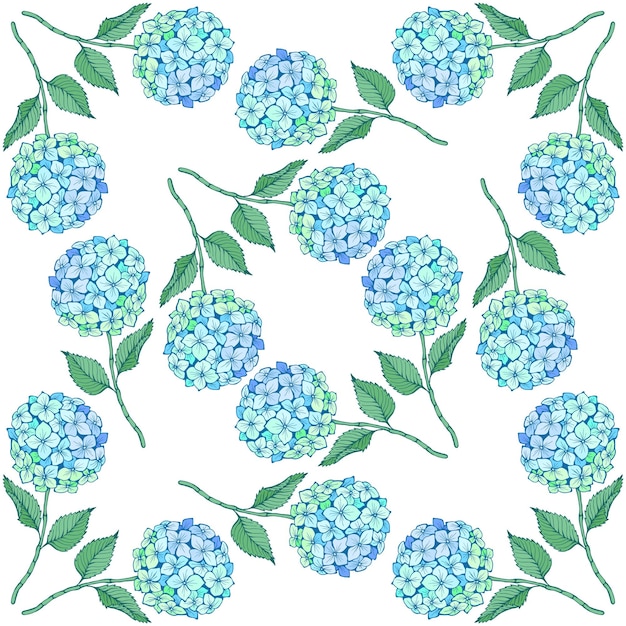 Hortensia flor patrón sin costuras Pétalos verdes azules tallo y hojas en blanco Textura vectorial para papel tapiz textil de tela impresa