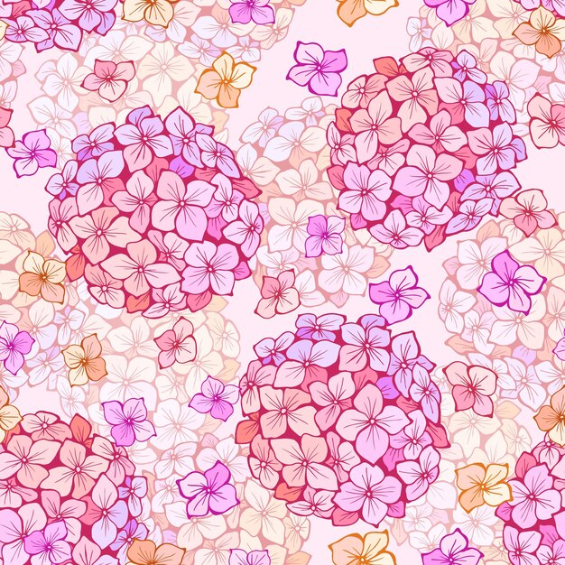 Vector hortensia flor de patrones sin fisuras pétalos de color rosa naranja bonito dibujo vectorial textura de impresión