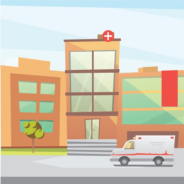 Vector hospital edificio dibujos animados vector moderno ilustración clínica médica y fondo de la ciudad exterior de la sala de emergencias