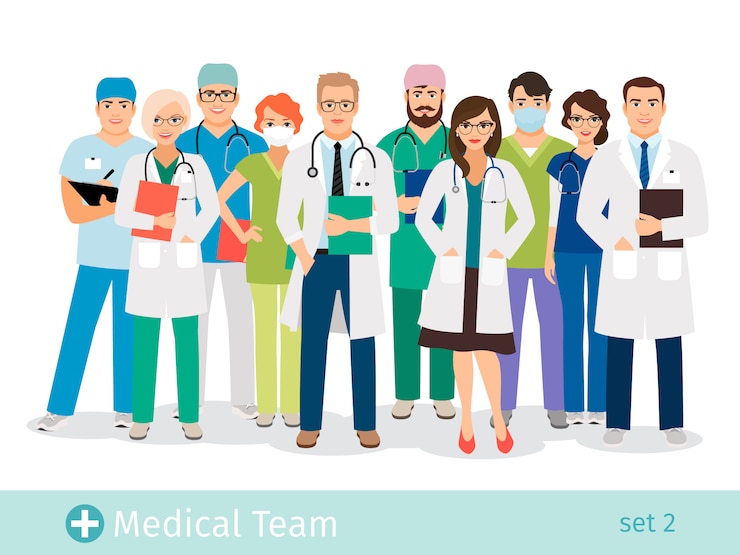 Vector hospital o laboratorio médico ilustración vectorial de personal. profesionales de la salud masculinos y femeninos personajes de dibujos animados de la salud para la investigación