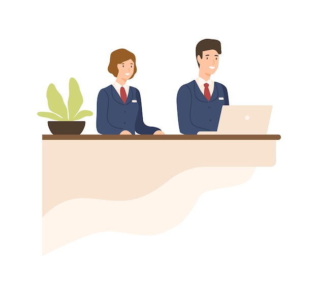 Hospitalidad masculina y femenina en uniforme en la ilustración plana de vector de mostrador. Recepcionista de dibujos animados amistoso que trabaja en la recepción del escritorio aislado en blanco. Empleado de personal operativo sonriente.