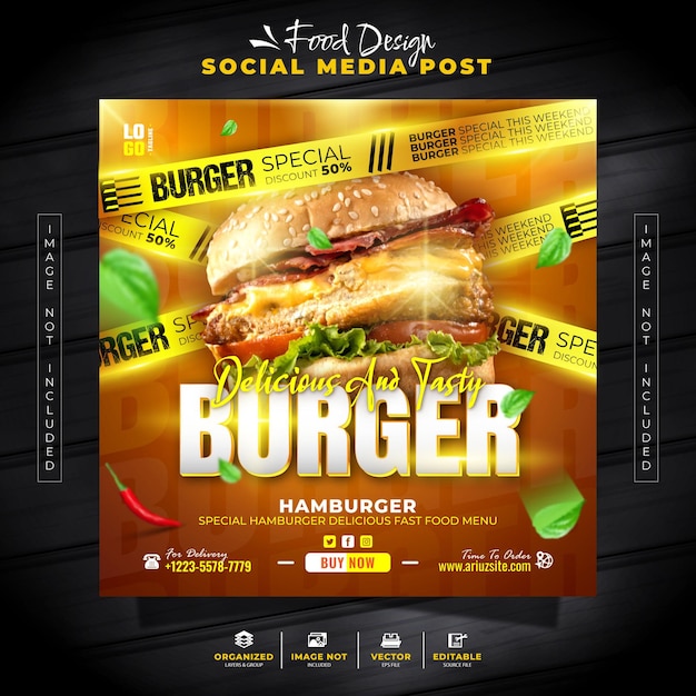 Hot Burger Social Media Post Flyer y Banner en Instagram para la promoción