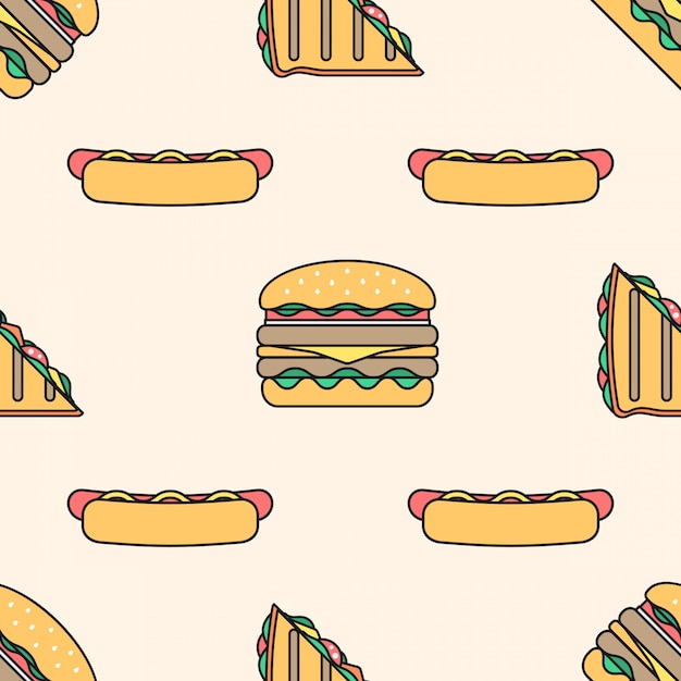 Vector hot dog club sandwich burger esquema de color de patrones sin fisuras