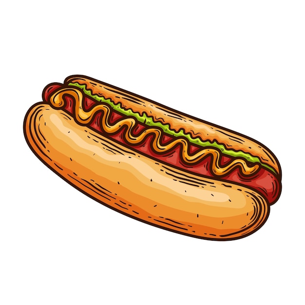 Hot dog dibujar a mano, estilo retro, ilustración vectorial, sobre un fondo blanco