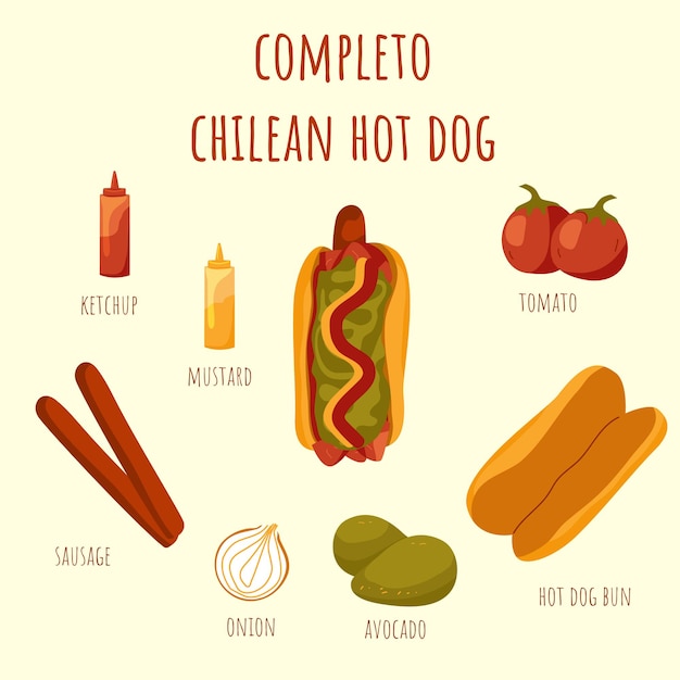 Hot dog estilo chileno completo ingredientes Comida popular relleno de pasta de tomate aguacate y cebolla