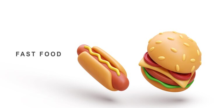 Vector hot dog y hamburguesa realistas en 3d sobre fondo blanco