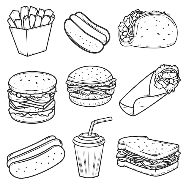 Hot dog, hamburguesa, taco, sandwich, burrito. Conjunto de iconos de comida rápida sobre fondo blanco. Elementos para logotipo, etiqueta, emblema, signo, marca.