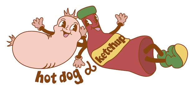 Hot dog y ketchup dibujo de dibujos animados retro con letras estilo de los años 70 vector aislado