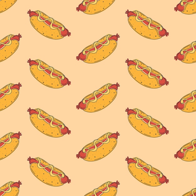 hot dog patrón sin costuras comida ilustración plana estilo dibujado a mano de dibujos animados