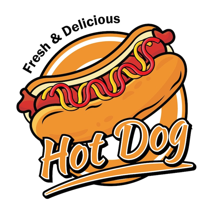Vector hot dog salchicha weenie comida logo marca producto dibujos animados estilo vector ilustración texto editable arte
