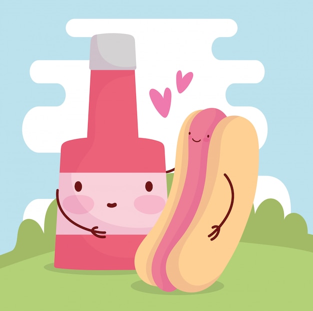 Vector hot dog y salsa botella encantador menú personaje dibujos animados comida lindo