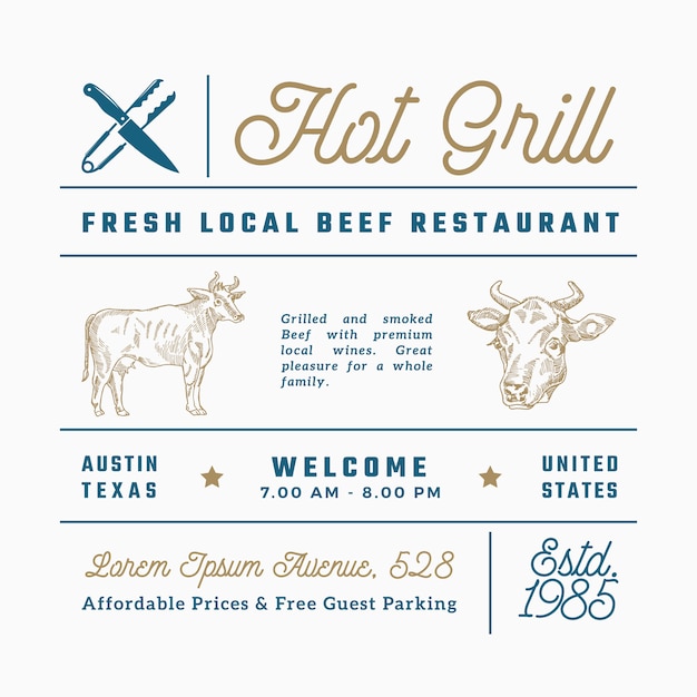 Hot Grill Beef Restaurant Signos, títulos, inscripciones y conjunto de elementos de decoración de menú.