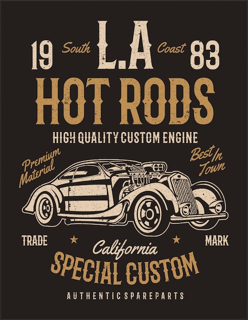 Hot Rods de Los Angeles. Motor personalizado de alta calidad. Diseño de la ilustración de la vendimia