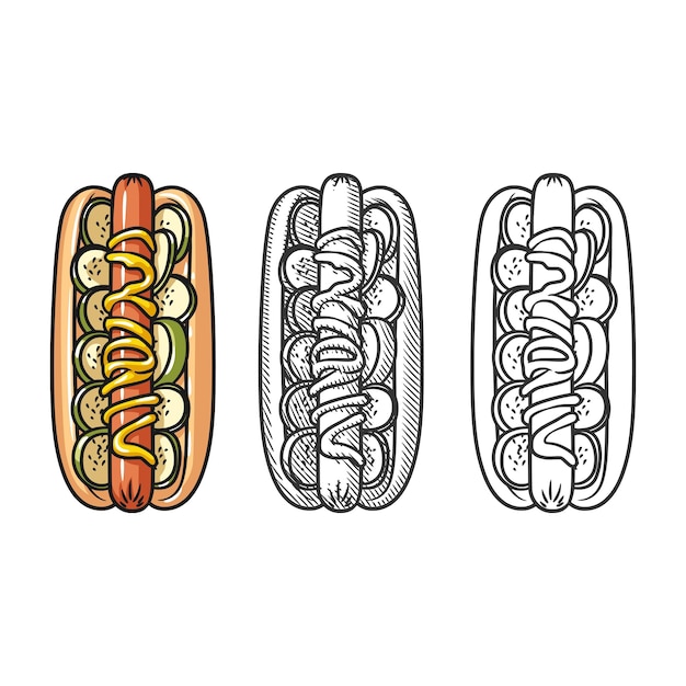 hotdog delight line art engraving and full color illustration
