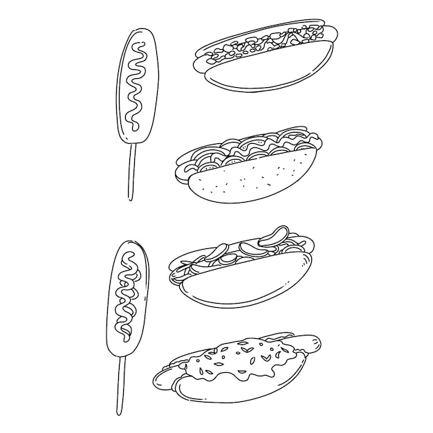 hotdog dibujado a mano doodle ilustraciones vector conjunto