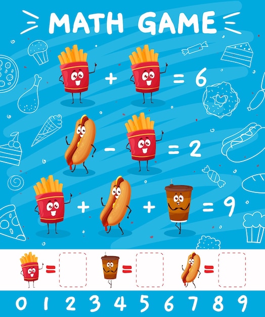 Vector hotdog de papas fritas y café personajes juego de matemáticas hoja de trabajo de matemáticas vectorial cuestionario de comida rápida de dibujos animados bocadillos y bebidas en el juego de matemática puzzle adición y resta capacitación en habilidades de cálculo