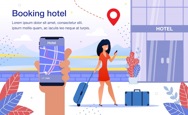 Hotel booking smartphone app flat vector ad poster