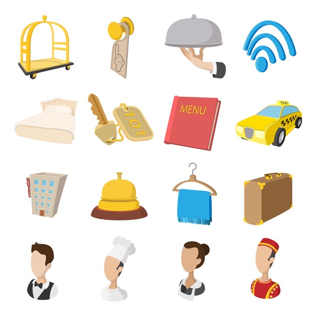 Hotel conjunto de iconos de estilo de dibujos animados. Símbolos de servicio