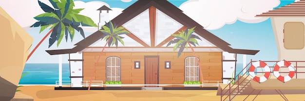 Un hotel en un mar azul, limpio y tranquilo. Villa en una playa de arena con palmeras. Dibujos animados.