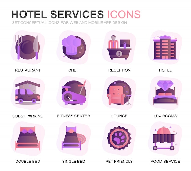 Vector hotel moderno conjunto de iconos de degradado de servicio de hotel