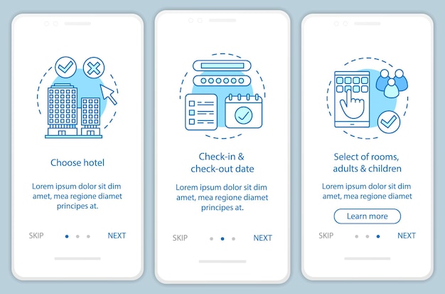 Hotel que elige la plantilla de vector de pantalla de página de aplicación móvil incorporada. Reserva de alojamiento, apartamento. Seleccione habitación y fecha. Pasos del sitio web paso a paso con iconos. Concepto de interfaz de teléfono inteligente UX, UI, GUI
