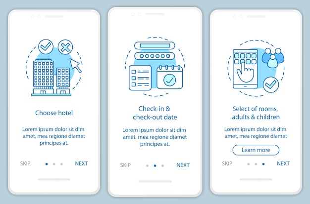 Hotel que elige la plantilla de vector de pantalla de página de aplicación móvil incorporada. reserva de alojamiento, apartamento. seleccione habitación y fecha. pasos del sitio web paso a paso con iconos. concepto de interfaz de teléfono inteligente ux, ui, gui