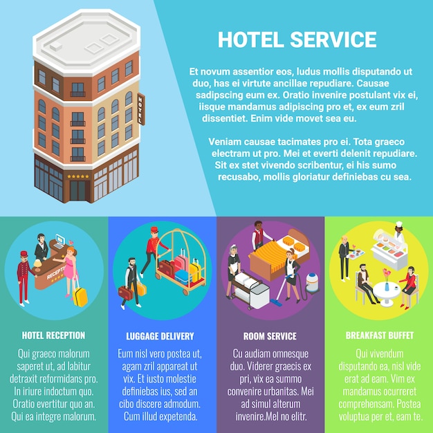 Hotel servicio concepto plano isométrico banner