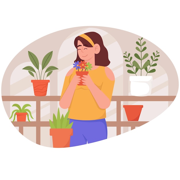 House Plant Gardening Illustration_Smiling Woman Looking At Plant