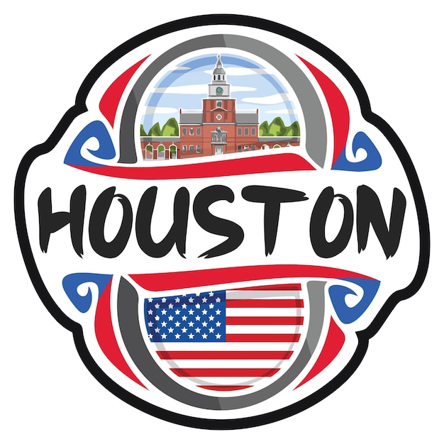 Houston EE. UU. Bandera de los Estados Unidos Etiqueta de recuerdo de viaje Skyline Logo Insignia Sello Sello Emblema Vector