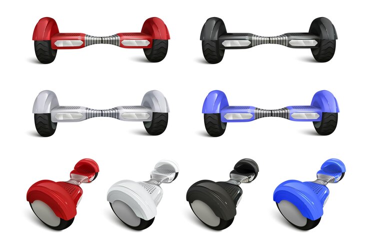 Vector hoverboard conjunto realista con una colección de scooters autoequilibrados similares de varios colores desde diferentes ángulos ilustración vectorial