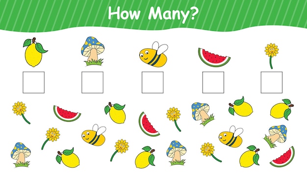 How many count all object and write the number into box math game for kids counting game with cut