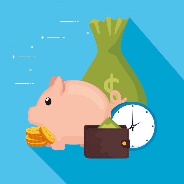 Vector hucha con bolsa de dinero e iconos de negocios