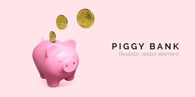 Hucha concepto financiero y de negocios Cerdo rosa realista con moneda de oro que cae Banner de inversión financiera Ahorre dinero Ilustración vectorial