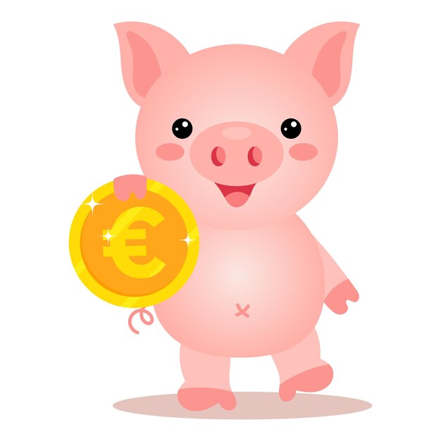 Hucha con moneda de euro dorada en la mano, lindo cerdo con dinero. Concepto de finanzas y negocios