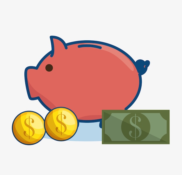 Hucha con pico y monedas sobre fondo blanco. Ilustración vectorial