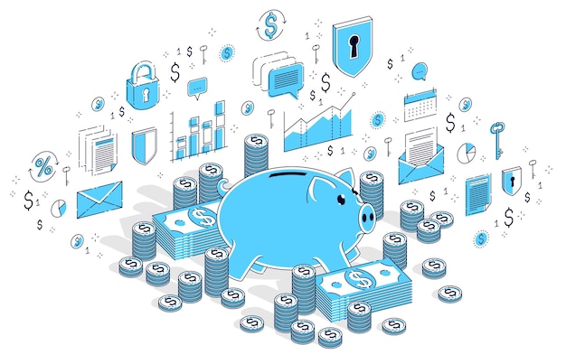 Hucha con pilas de dólares de dinero en efectivo y pilas de monedas aisladas en blanco, concepto de ahorro personal. Ilustración de negocios isométricos vectoriales 3d con iconos, gráficos de estadísticas y elementos de diseño.