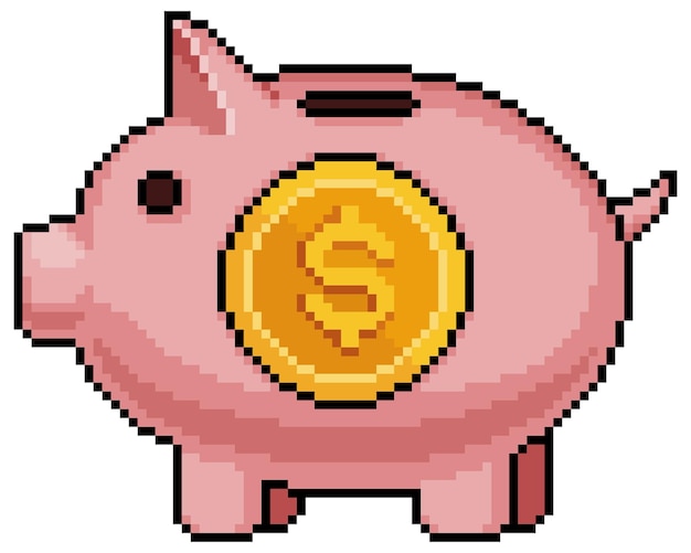 Hucha de pixel art con icono de vector de moneda para juego de 8 bits sobre fondo blanco