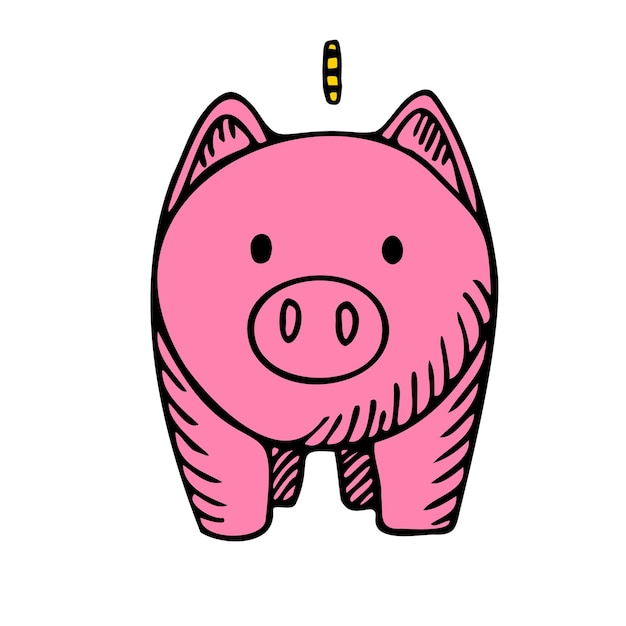 Hucha rosa aislado sobre fondo blanco. Caja para ahorros seguros, monedas, efectivo, oro. Cerdo de dinero al estilo garabato. Concepto de diseño educación financiera y ahorro. ilustración vectorial